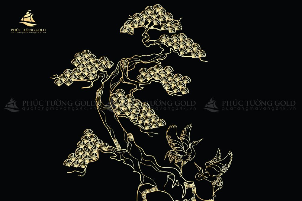Tranh tùng hạc mạ vàng 24k khổ dọc – TH15 44