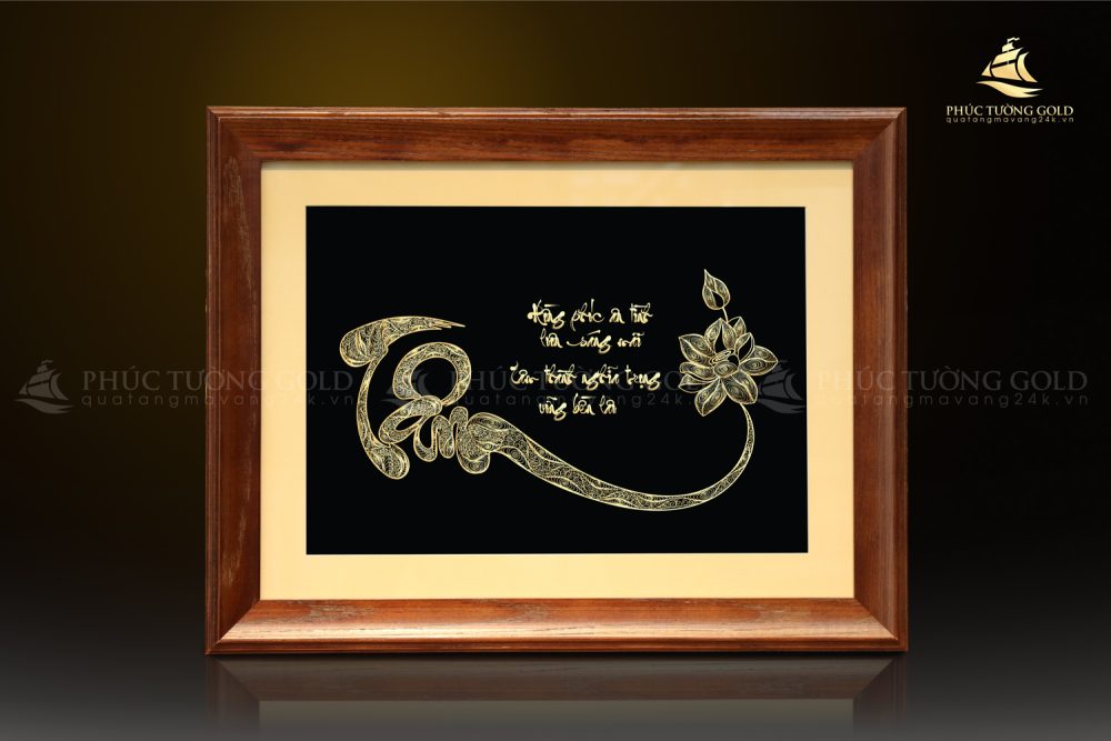 Tranh chữ Tâm hoa sen mạ vàng 24K - CT10 2