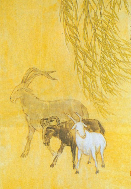 Tranh dê bên cành liễu lấy tông màu vàng là chủ đạo - phuctuonggold-com