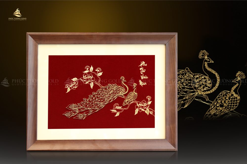 Tranh đôi chim công & hoa mẫu đơn mạ vàng 24k - CC03 2