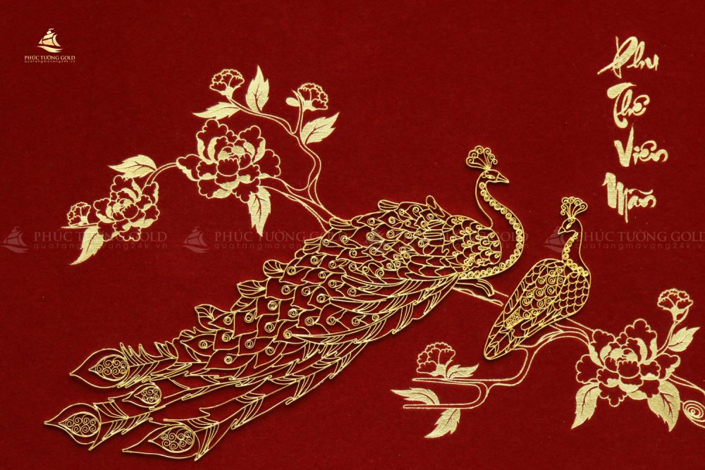 Tranh đôi chim công & hoa mẫu đơn mạ vàng 24k - CC03 3