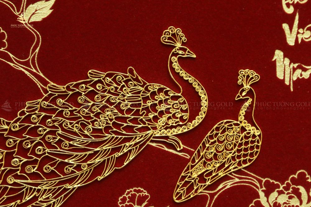 Tranh đôi chim công & hoa mẫu đơn mạ vàng 24k - CC03 4