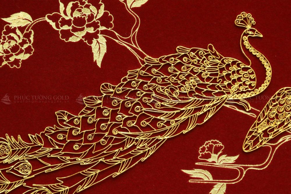 Tranh đôi chim công & hoa mẫu đơn mạ vàng 24k - CC03 5