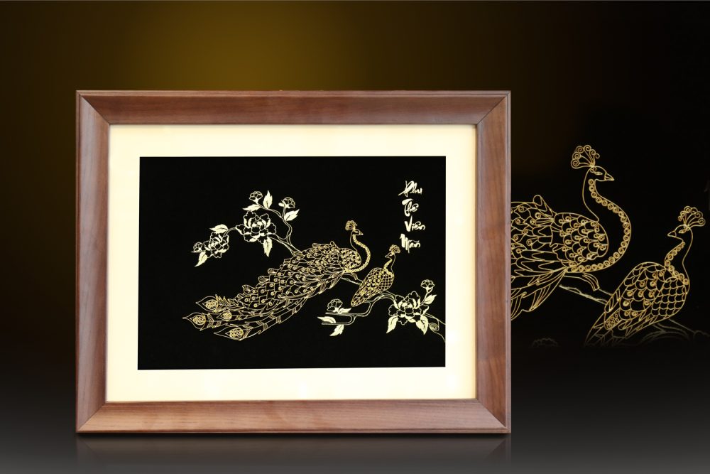 Tranh đôi chim công & hoa mẫu đơn mạ vàng 24k - CC03 7