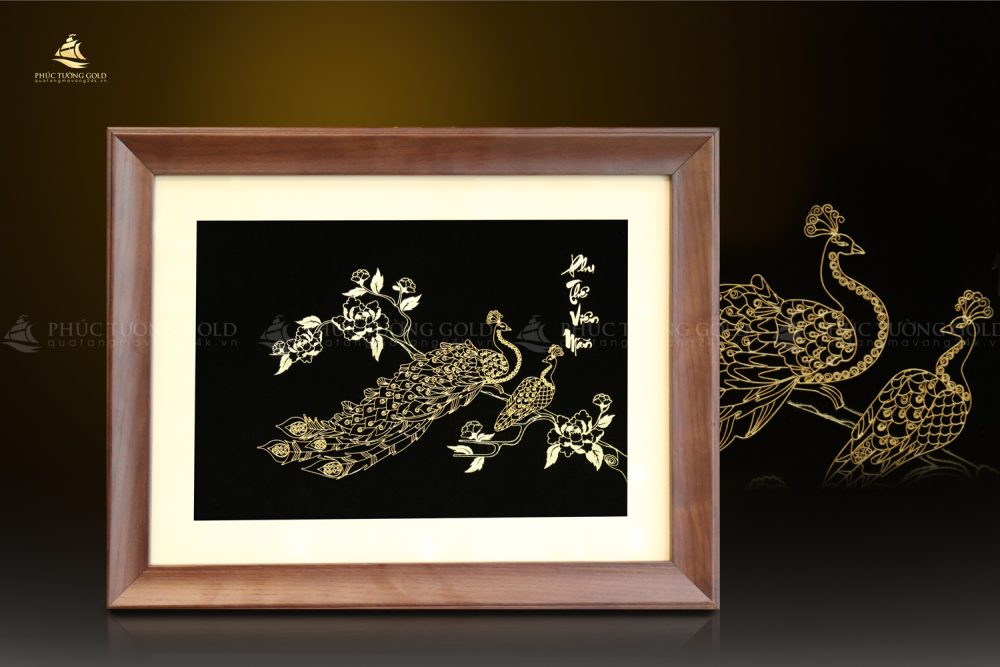 Tranh đôi chim công & hoa mẫu đơn mạ vàng 24k - CC03 8