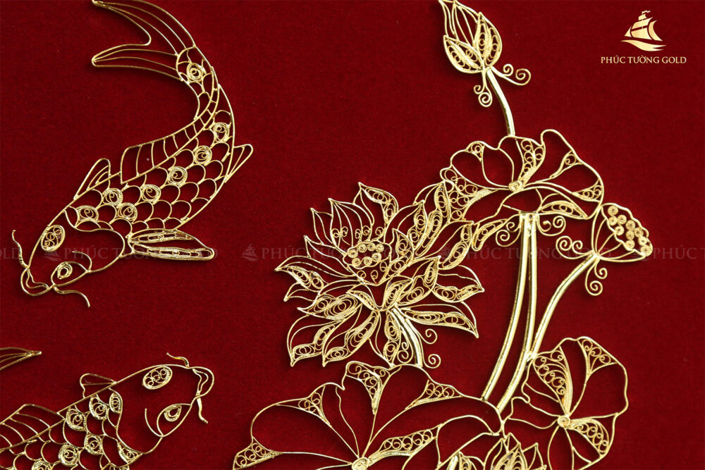 Tranh cá chép hoa sen bạc mạ vàng 24k - SN04 9