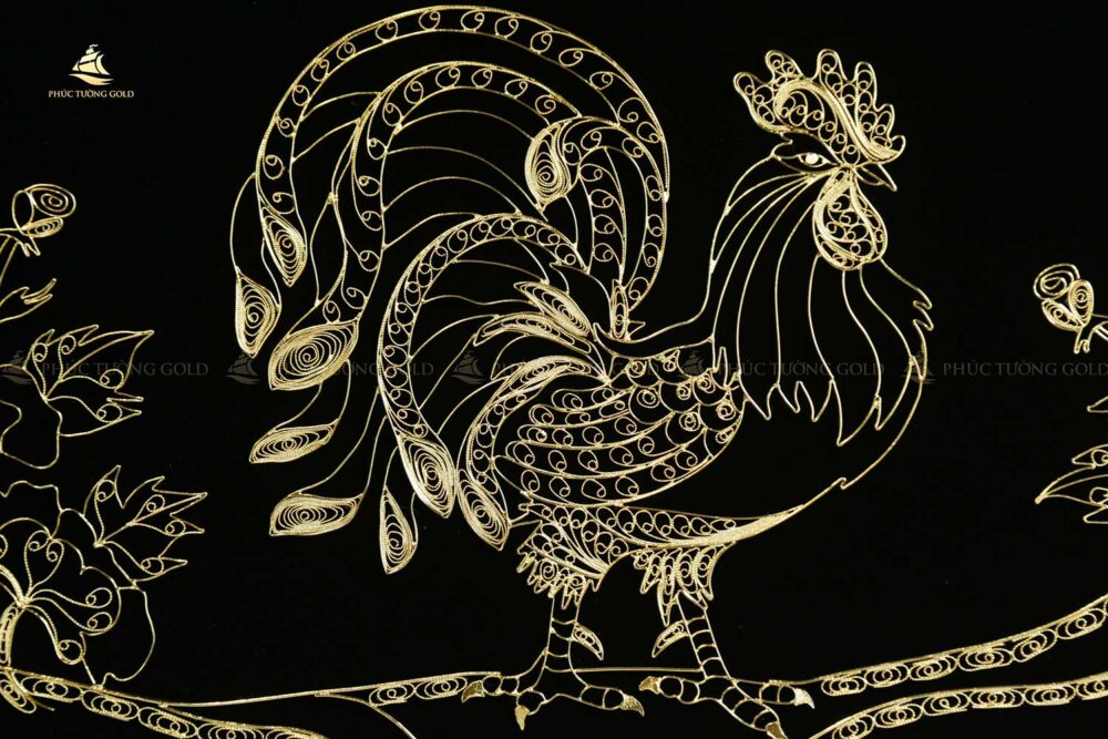 Tranh gà trống & mẫu đơn bạc mạ vàng 24k - TG04 6