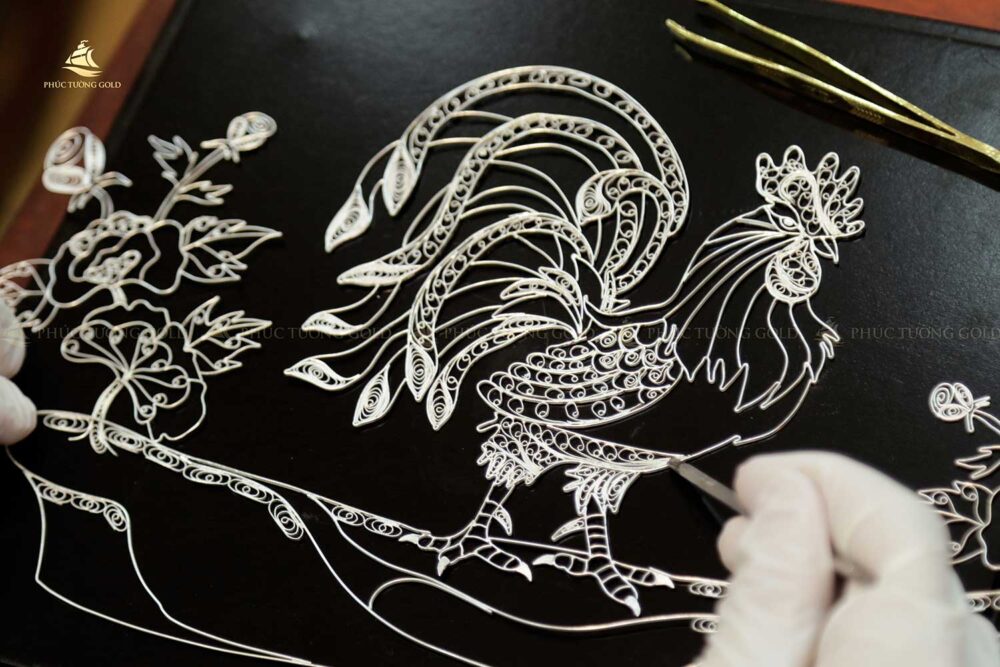 Tranh gà trống & mẫu đơn bạc mạ vàng 24k - TG04 7