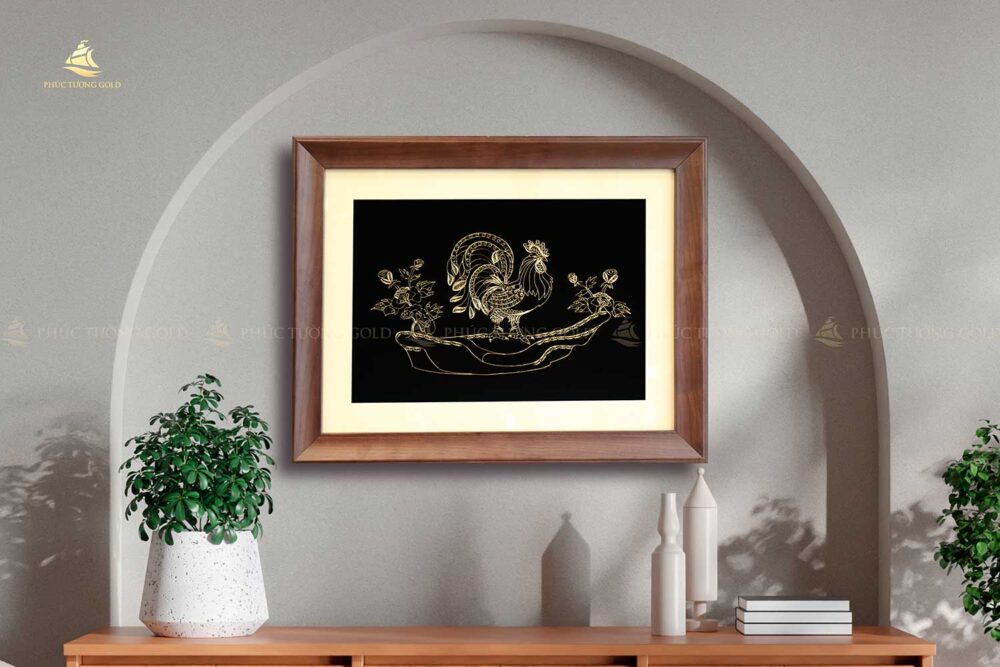 Tranh gà trống & mẫu đơn bạc mạ vàng 24k - TG04 8