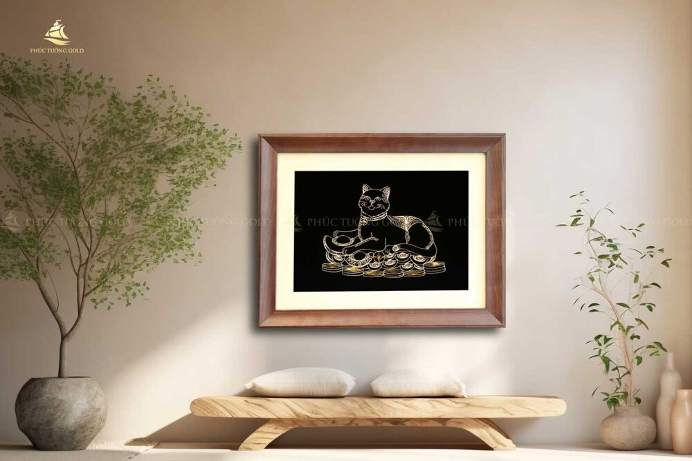 Tranh mèo tài lộc bạc mạ vàng 24k - TM01 10