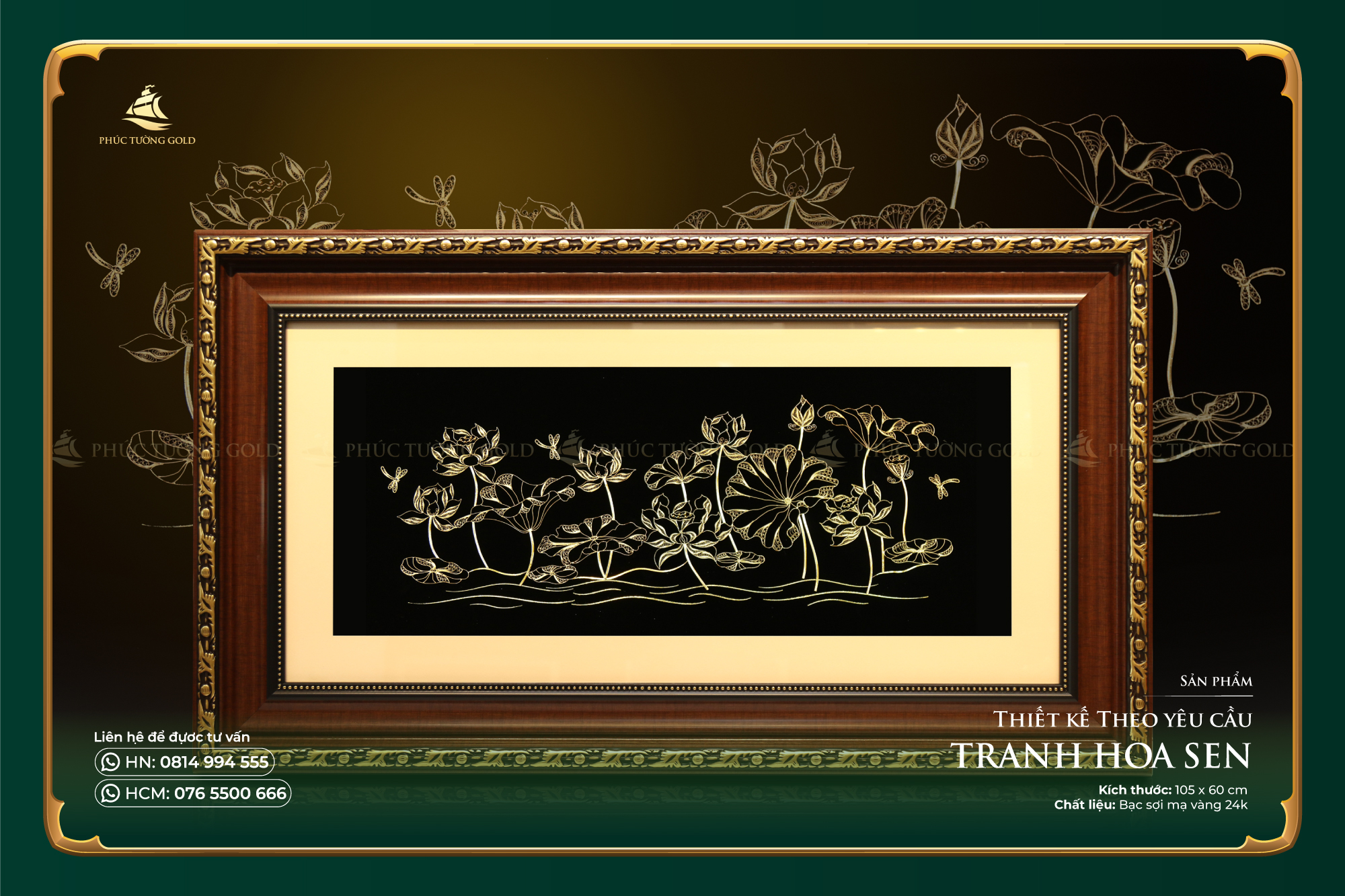 Tranh đầm sen bạc mạ vàng thiết kế riêng (105 x 60cm) 2