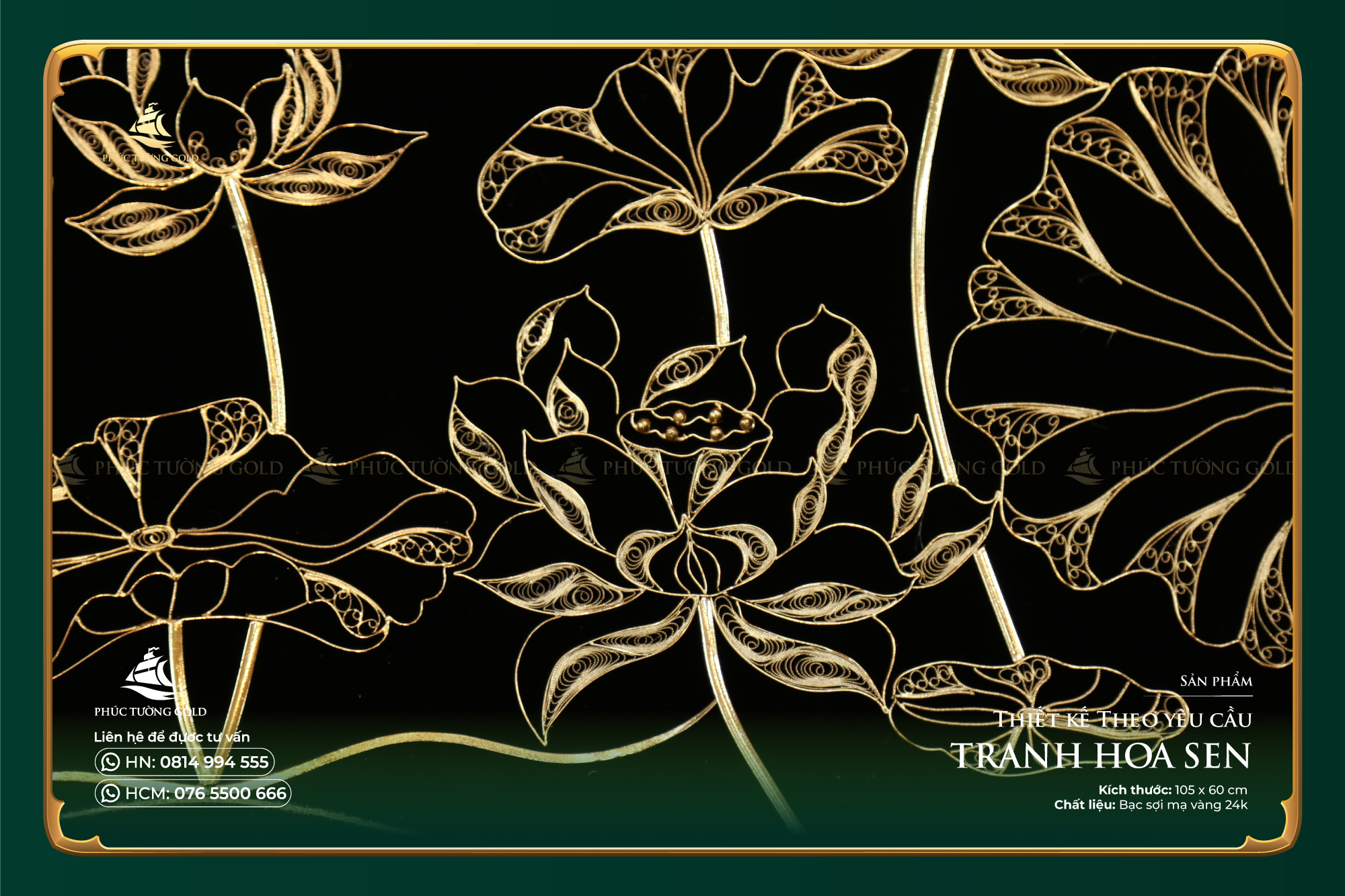 Tranh đầm sen bạc mạ vàng thiết kế riêng (105 x 60cm) 3