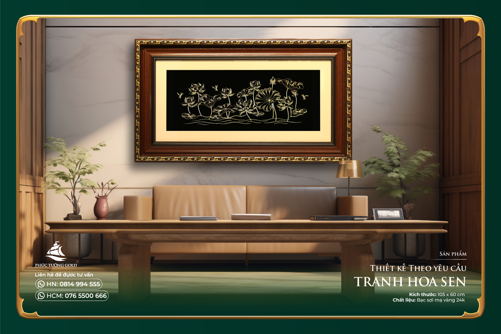 Tranh đầm sen bạc mạ vàng thiết kế riêng (105 x 60cm)